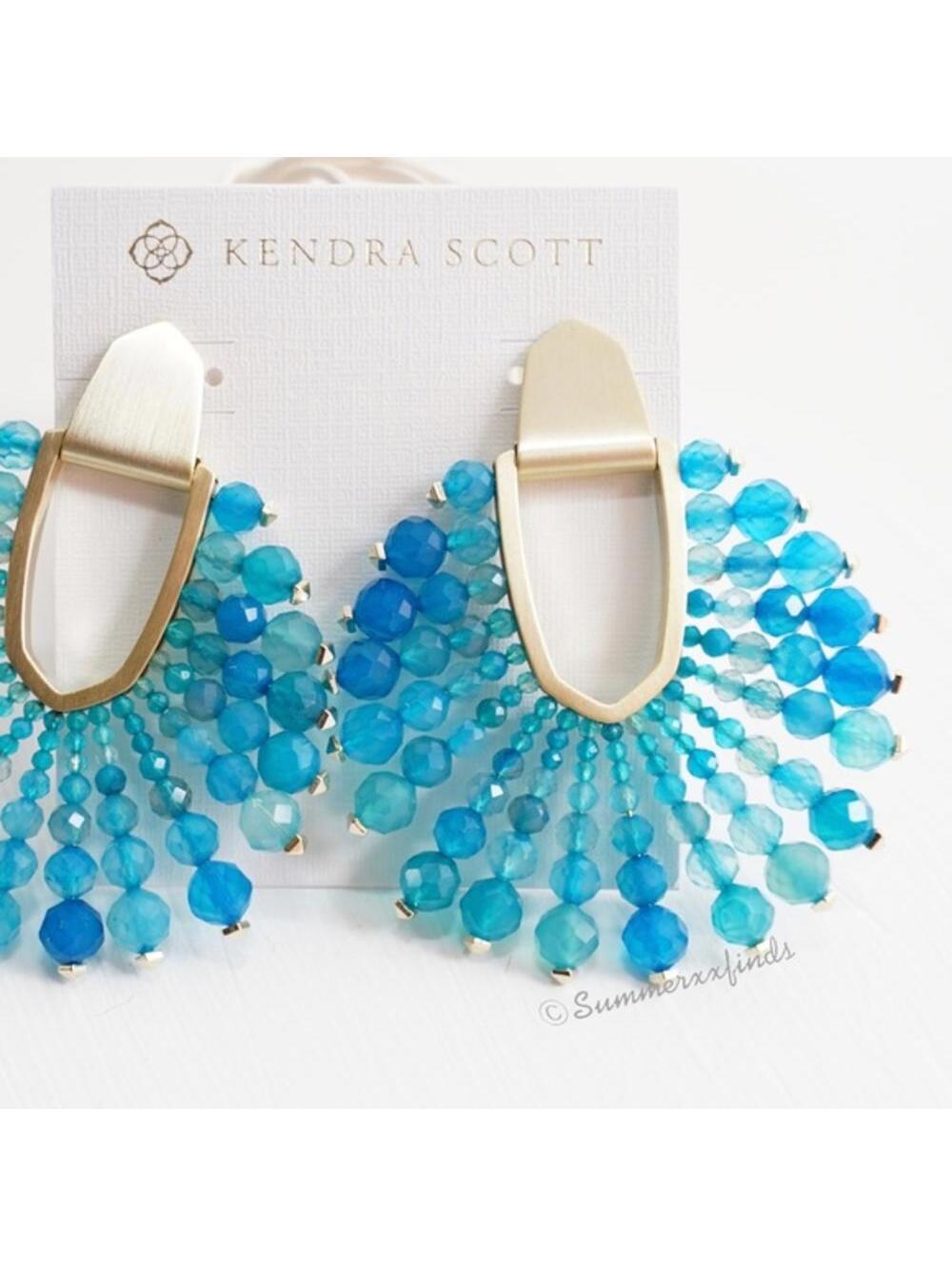 Kendra Scott Diane Bead Stone Statement Earrings Teal Agate - Picture 2 of 3